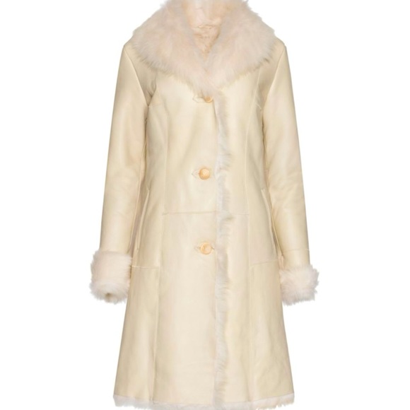 Wolfie Furs Jackets & Blazers - WOLFIE FURS NAPPA SUEDE AND TOSCANA SHEARLING FUR COAT IN CREAM COLLAR/CUFFS US6